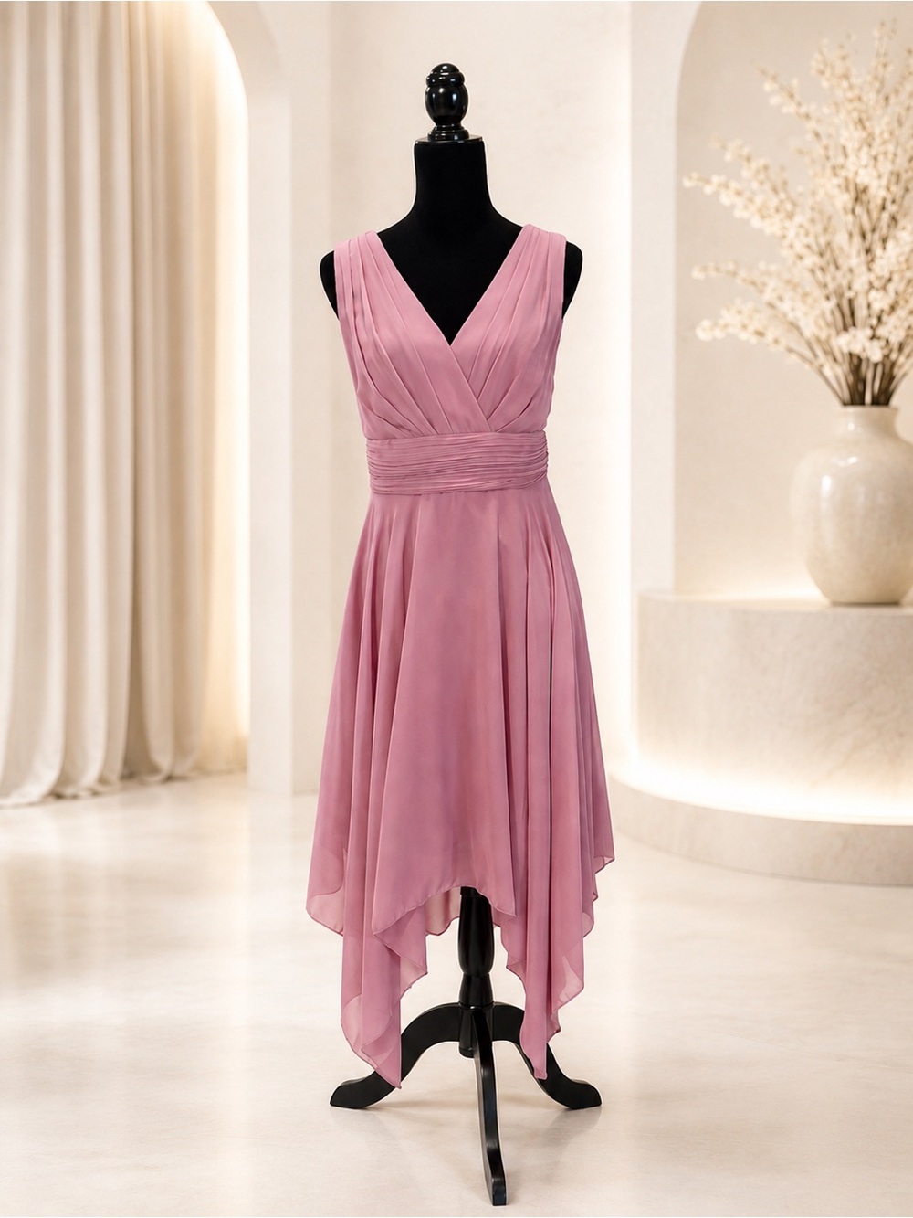 Ever Pretty Dusty Rose V-Neck Handkerchief Hem Chiffon Dress Size 10